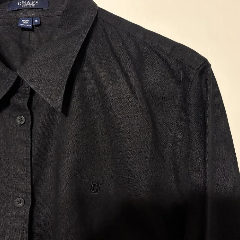 Ralph Lauren Chaps Womens Plus 100% Linen Button-Front Shirt Top Blouse 1X Black - Picture 4 of 10